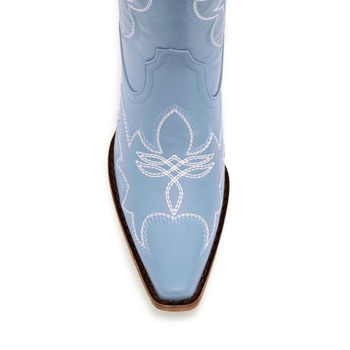 Image of Uillnoodu Women's Turquoise Cowgirl Boots - Wide Calf Mid Calf Western Boots Plus Size Embroidered Cowboy Style with Block Heel