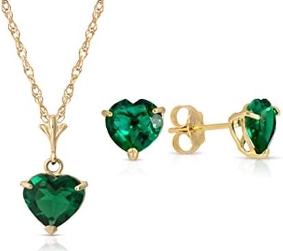 Galaxy Gold GG 14K Solid Yellow Gold Lab Grown Heart Emerald Necklace and Earring Set Grade AAA