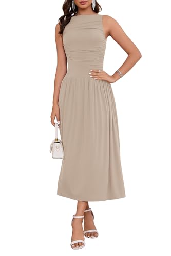 Image of Womens Summer Casual Midi Maxi Dress 2026 Sleeveless Ruched A Line Flowy Cocktail Wedding Guest Beach Long Sundress