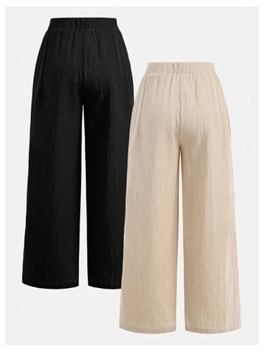 Image of RoseSeek Girl's Linen Pants Elastic Waist Wide Leg Pants Beach Vacation Outfits Palazzo Trousers 2 Packs