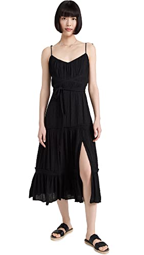 Image of PAIGE Women's Inesa Midi Dress Criss Cross Detail Tie Straps Thigh High Side Slit in Black
