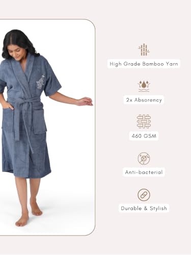 Image of RANGOLI Premium Women's Knee-Length 460 GSM Bamboo Bathrobe in Half Sleeves with 2 Pockets & Belt Closure with Ultra Soft Fabric & Skin-Friendly (Blue-XL) | Royal Bamboo