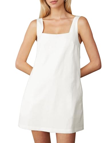 Summer Sleeveless Cotton Linen Mini Dresses for Women Casual Square Neck Backless Short Dress Solid Tank Shift Dress