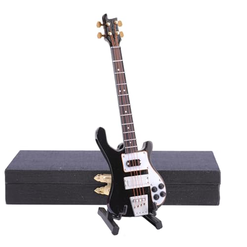 Dselvgvu Wooden Miniature Electric Bass Guitar with Stand and Case Mini Musical Instrument Electric Bass Guitar Replica Collectible Figurines Model Home Decoration Birthday Gifts (6.31"x1.89"x0.28")