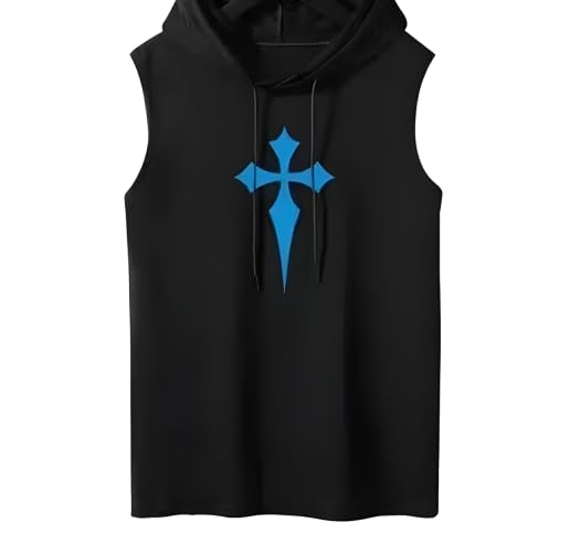 teixeira Mens Sleeveless Hoodie Tshirt Black Gym Tank with Blue Cross Graphic Slim Fit Hooded Vest for Workout Streetwear-picture-42