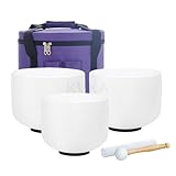 KVKA 12''C 10''E 8''G Set of 3pcs Chakra Frosted Quartz Crystal Singing Bowls Set 8-12 inch with Carrying Case -for Yoga Sound Healing