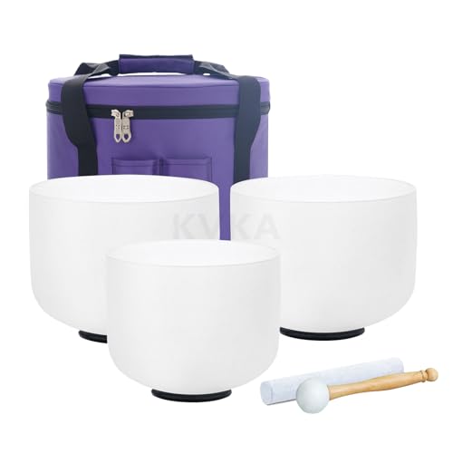 KVKA 12''C 10''E 8''G Set of 3pcs Chakra Frosted Quartz Crystal Singing Bowls Set 8-12 inch with Carrying Case -for Yoga Sound Healing