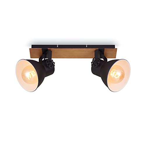 Briloner Leuchten lámpara de techo retro con viga de madera, lámpara de techo vintage de 2 luces, casquillo E27 máx. 40 vatios, pantallas ajustables, foco de techo rústico, 1 pieza (pack de 1)