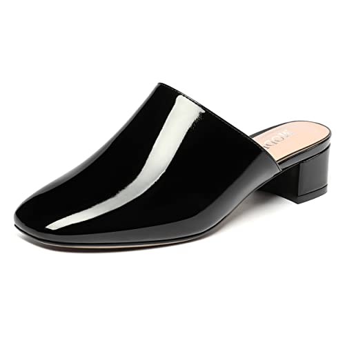 MODENCOCO Women's Slip On Square Toe Casual Patent Chunky Low Heel Comfortable Pumps Slide Mules 1.5 Inch