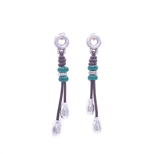 NILUXE DESIGN - Pendientes Mujer Plata - Pendientes de Cuero Estilo Boho Hippie - Bañados en Plata Largos Colgantes y Cristal Checo de Colores - Cómodos y Ligeros- Ideal para Regalar(Verde oscuro)