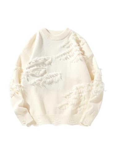 Men's Solid Ripped Drop Shoulder Long Sleeve Sweater, Unisex Casual Chic Oversized Round Neck Pullover Knitwear Tops - Main Image