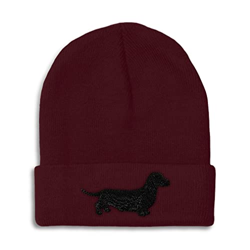 Speedy Pros Beanies for Men Dachshund Black Embroidery Dogs Terrier Winter Hats for Women Acrylic Skull Cap 1 Size Burgundy Design Only