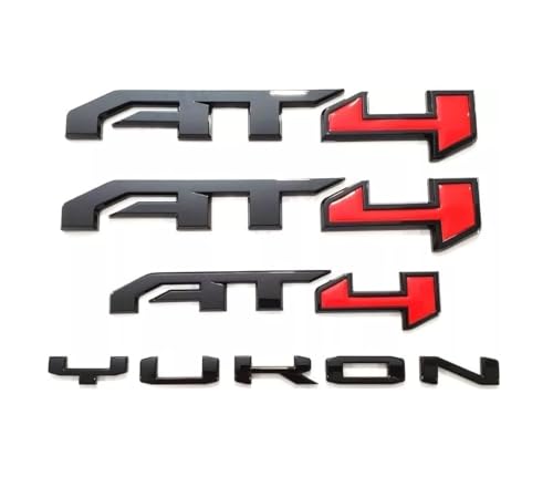 Image of 4Pc Door Rear AT4 Yukon Emblems Letters 3D Badge Nameplate Replacement for 2021-2024 Yukon Yukon XL (Gloss Black Red)