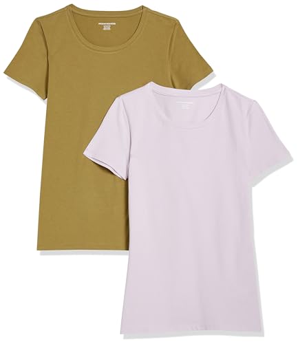 Amazon Essentials Camiseta de Manga Corta y Corte Estándar (Opciones de Cuello Redondo y Cuello en V) Mujer, Pack of 2, Lavanda/Verde Oliva, XXL