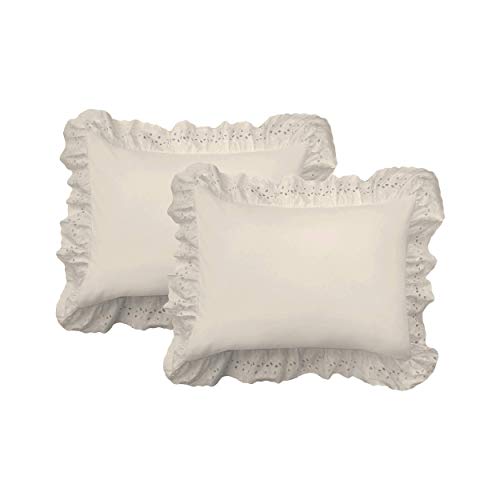 FRESH IDEAS Ruffled Bed Pillow Shams with Embroidered Eyelet Detail, Standard, Ivory, 2-Pack