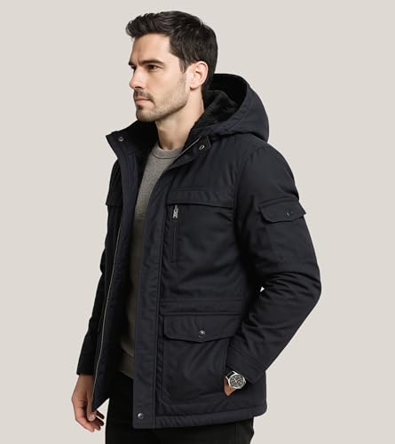 Image of L'MONTE Men's Imported Heavy-Duty Winter Jacket - 100% Cotton Coat with Fleece Lining, Detachable Hood & Multiple Pockets - Windproof, Warm, Stylish for Outdoor & Casual Winter Wear