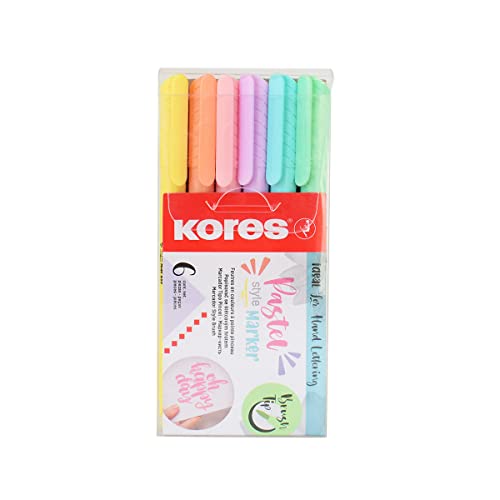 Kores - Rotuladores pastel - Rotuladores de punta de pincel - Punta de pincel suave, tinta a base de agua - Bolígrafos para colorear, suministros de arte, papelería pastel - Juego de 6