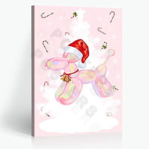 ZTCYBWH Vintage Christmas Wall Art Trendy Pink Balloon Dog Poster Aesthetic Preppy Watercolor Funny Animal Wearing a Santa Hat and a Bell Wall Decor for Home and Girly Room 12X16 in Wrapped Framed Cover