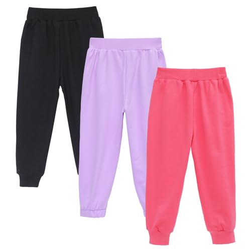 HILEELANG Toddler Girls' Jogger Pants 3-Pack Pull on Cotton French Terry Solid Ruffle Pocket SweatPants12M-7Y3