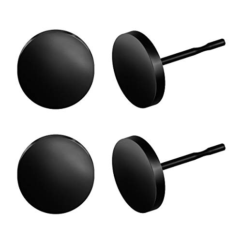 BEADNOVA Round Stud Earrings Fake Gauge Dot Earrings Black Flat Circle Earrings for Men (8mm, 2 Pairs)