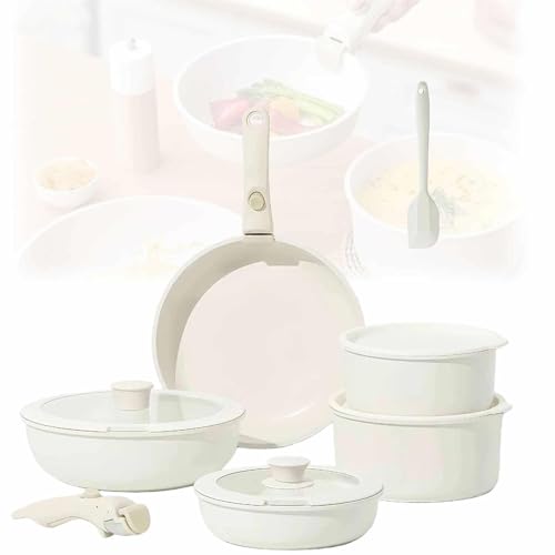 Juego de sartenes antiadherentes con mango desmontable y tapas de vidrio, utensilios de cocina aptos para horno para cocinar versátil