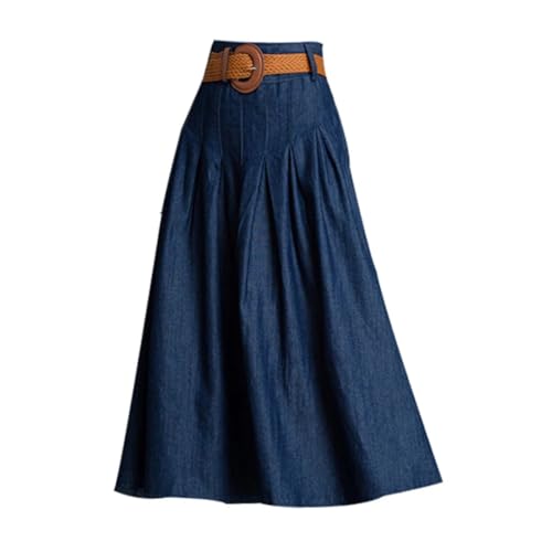 Women Denim Pleated Skirt Plus Size All-Match Long Maxi Elastic Waist with Pockets Belt Midi Skirt
