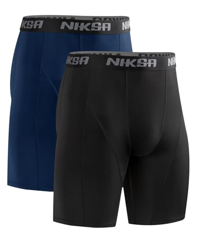 Niksa Compression Shorts Men 2 Packs Anti Chafing Underwear Base Layer Shorts Quick-Drying Fabric Undershorts for Cycling Gym Running Sports Workout Black and Navy Blue XXL
