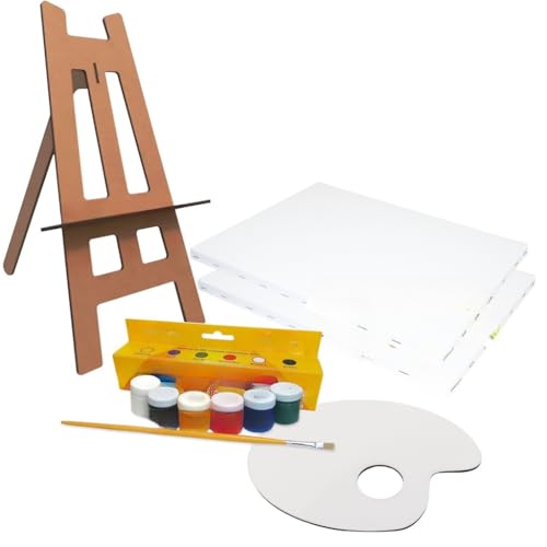 Kit 05 Telas Pintura com Mini Cavalete, 6 Potes de Tintas coloridas, Pincel e Paleta para Tintas
