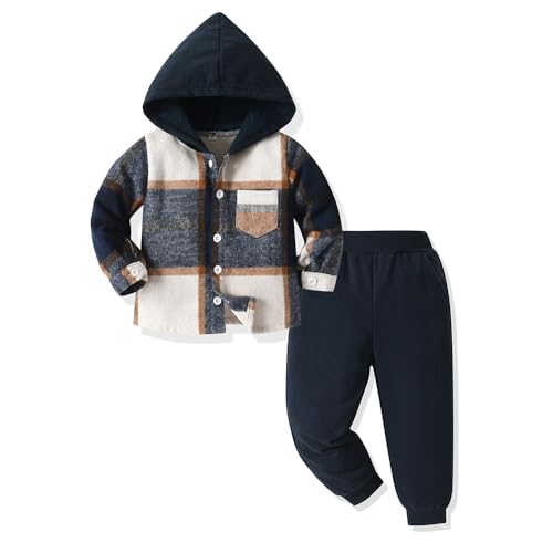 Yanmucy Conjunto de Ropa para Bebé y Niño 2 Piezas Algodón Plaid Niños Hoodies Camisa Tops +Pantalones Set Chándal para Niños Pequeños Niño Invierno Otoño Ropa Set (Azul marino, 3-4 años)