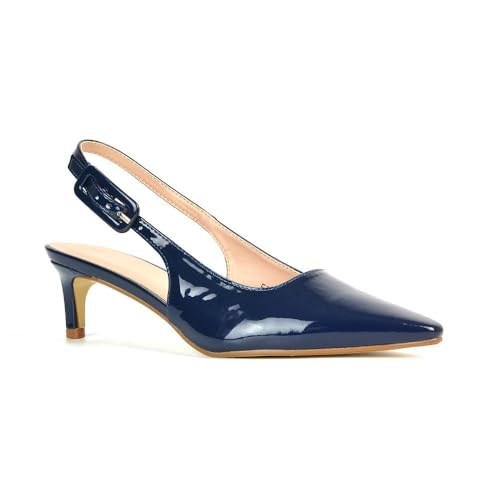 ESSEX GLAM Women's Slingback Court Shoes Ladies Stiletto Low Heel Evening Party Navy Patent Closed Toe Pumps Size 6