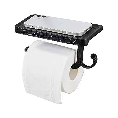 Toilet Paper Holder with Shelf - Durable Rustproof Aluminum Alloy Toilet Paper Stand - Elegant Black Tissue Holder with Mounting Hardware Included - Sturdy and Reliable Bathroom Toilet Paper Holder Cover