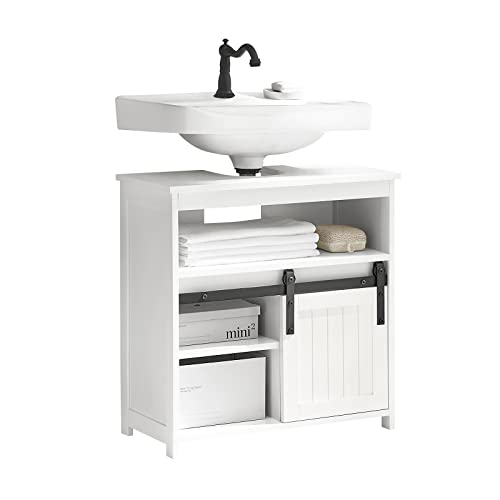 SoBuy Meuble sous Lavabo, Meuble de Salle de Bain, Placard de Rangement, Armoire Salle de Bain avec étagères et Porte de Grange, 60x30x62 cm, Blanc, BZR61-W