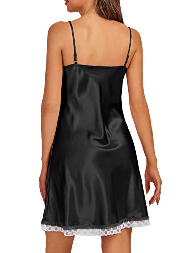 Lyaner Women's Satin Lace Trim Scoop Neck Full Slip Nightdress Chemise Nightgown Sleepwear Black X-Large #TOP1