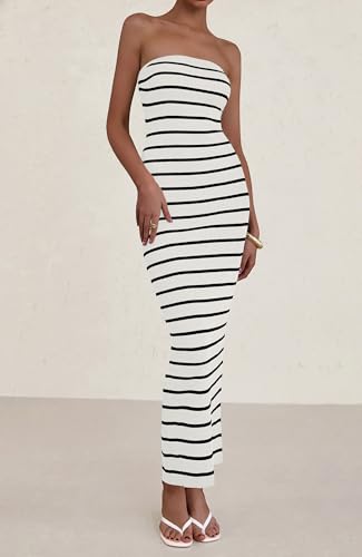 Image of BTFBM Casual Women's Summer Dresses Bodycon Maxi Tube Striped Dress Ribbed Knit Strapless Back Slit Long Dress Party Dresses