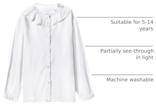 Image of SOLOCOTE Girls White Blouse Ruffle Long Sleeve Button Down Shirts Princess Cotton Loose Soft Tops Spring and Summer, SLN9011 13-14 White