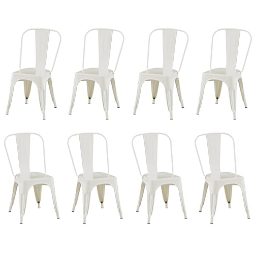 Image of Metal Dining Chairs with Backrest, Stackable, White, 8 Pack | Easy Assembly, Non-Slip Feet, 330 lb Capacity, Kitchen, Restaurant, Cafe, Pub, Covered Patio