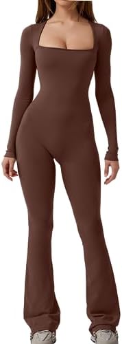 QINSEN Jumpsuits for Women Square Neck Wide Leg Full Length Romper Playsuit