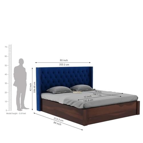 Image of LOGAN Upholstered Sheesham Wood King Size Bed with Box Storage 78x72 | Solid Wood Bed with Storage | Wooden Bed King Size Cot Double Bed with Storage for Bedroom Home |Walnut Blue