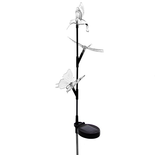 Nexos Trading Solarlampe mit Kolibri Schmetterling Libelle 3 LED Farbwechsel 80 cm Gartenbeleuchtung Dekoration Solar Leuchte Solarstecker Kunststoff Edelstahl 3 Figuren