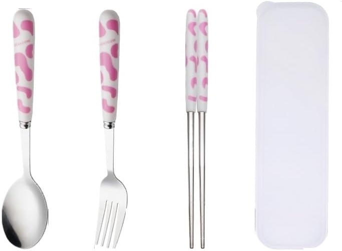 Flatware set, knife fork spoon set, soup spoons,Silverware Set, 3/12/18/24/30/36 Pieces Creative Tableware Student Travel Set Cute Stainless Steel Spoon Fork Chopsticks Cow Portable Three-piece Set(Wh