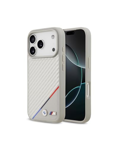 Image of CG MOBILE BMW [Official Licensed] Protective Case Designed for iPhone 17 Pro Max |Magnetic Compatible|M Collection|Pu Leather Case Carbon & Tricolor Stripe with Metal Logos -Silver