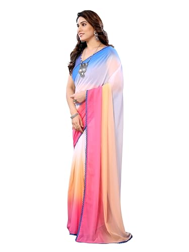 MOHIT CREATIONS Women's Party Wear Georgette Printed Border Ready To Wear Saree With Unstiched Blouse Piece