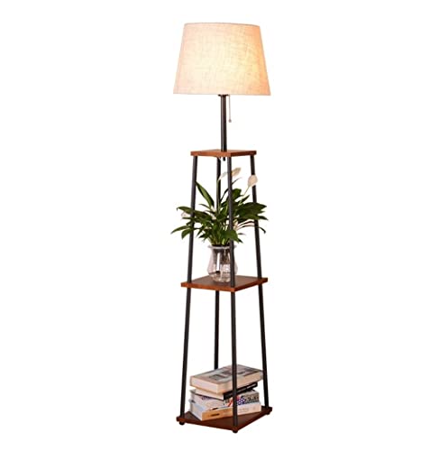 Abat-jour tissu et lampadaire étagère bois pour gagner de la place au salon