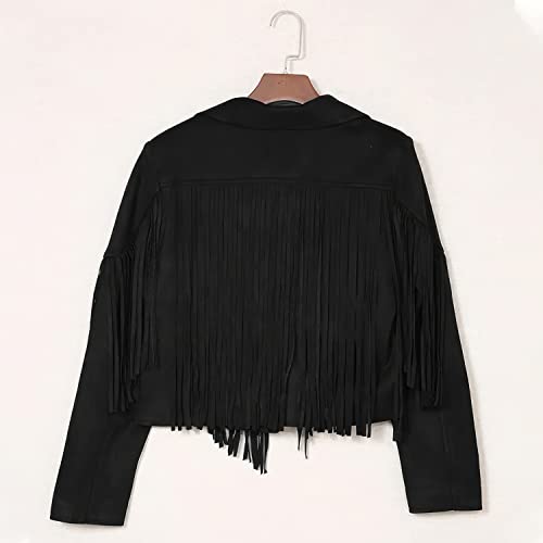 Women's Black Genuine Suede Tassel Fringe Cropped Leather Jacket Lapel Long Sleeve Biker Vintage Classic Native American2