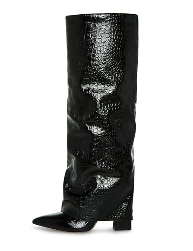 Image of Knee High Boots Women Fold Over Boots Chunky Heel Pointed Toe Tall Boots | Fashion Slouchy Boots,Side Zipper Shark Boots,Fall Spring Winter Fashion Dress Tall Boots,Evening Bridal office Long Boots