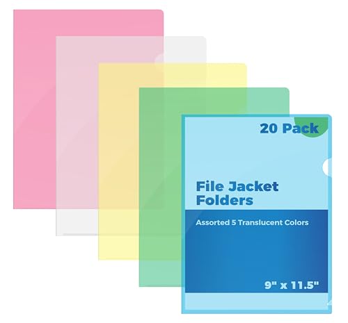 Better Office Products Poly Project Pockets, Plastic File Jacket Sleeves for Letter Size Paper, Assorted 5 Translucent Colors, Project Folder File Jackets, 9" x 11.5", 20 Pack