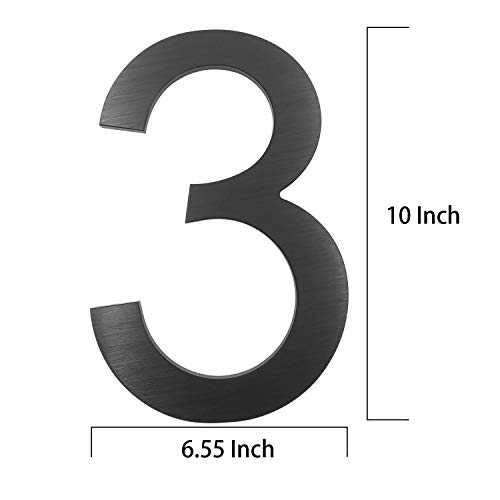 10 Inch House Numbers For Outside- Modern Floating Street Home Address Number-Large Contemporary Aluminum Brushed Finish Number/Black (Number 3) #TOP2
