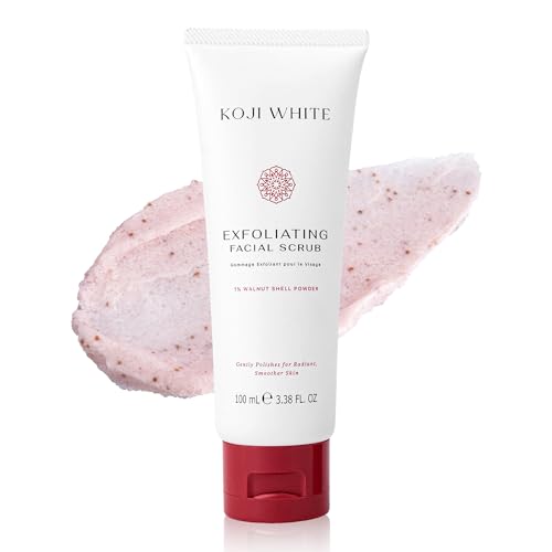 Koji White Exfoliating Facial Scrub, Gentle Face Wash with 1% Walnut Shell Powder, AHA, Kojic Acid Dipalmitate & Hyaluronic Acid | Hydrating, Unscented, Vegan, 100ml (3.38 Fl Oz)