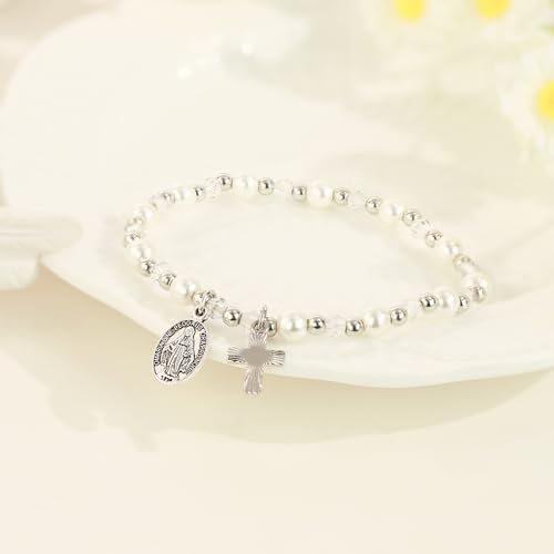 Image of BAYLAY First Communion Baptism Confirmation Gifts for Kids Girls - Cross Bracelet for Girls Pearl Bracelet First Communion Baptism Confirmation Bracelet