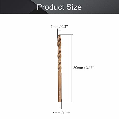 Utoolmart Twist Drill Bits 5mm Dia Split Point Tip High Speed Steel Cobalt Straight Shank Drilling Hole Tool for Steel Wood Plastic Metal Copper Aluminum Alloy Champagne Color 2pcs - Image 2